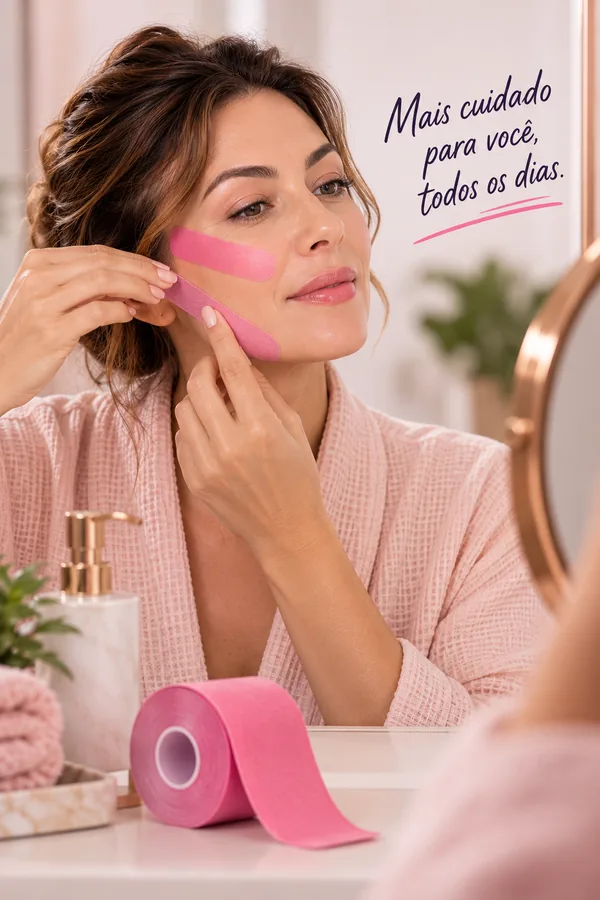 Mulher aplicando o taping facial no rosto, olhando no espelho