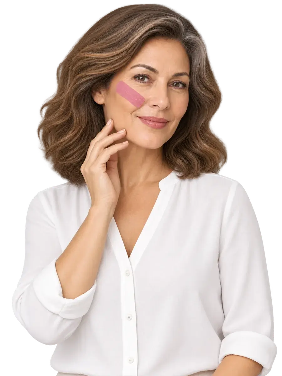 Mulher com o taping facial aplicado no rosto